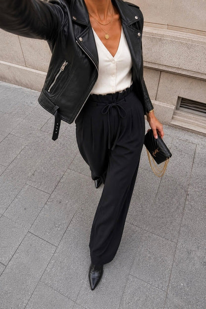 High-Waisted Tie-Waist Wide Leg Pants