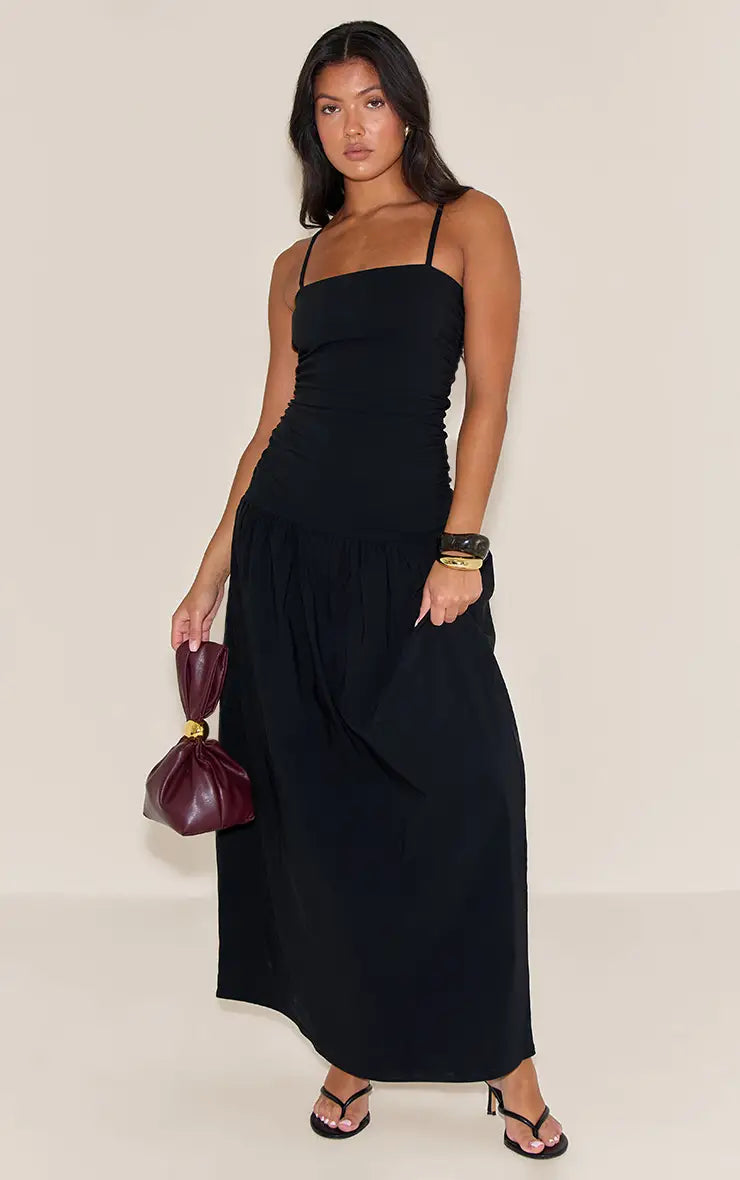 Black stretch strappy ruched maxi dress