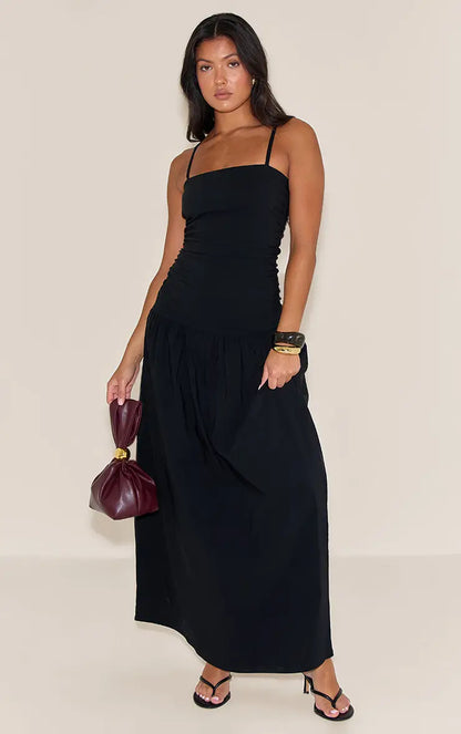 Black stretch strappy ruched maxi dress