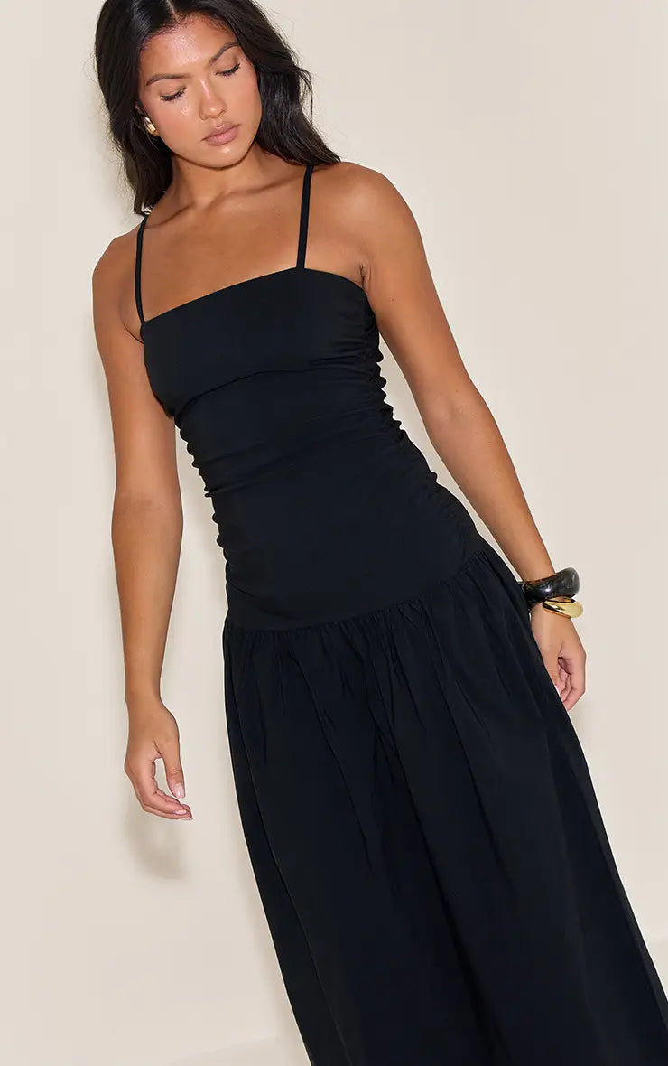 Black stretch strappy ruched maxi dress