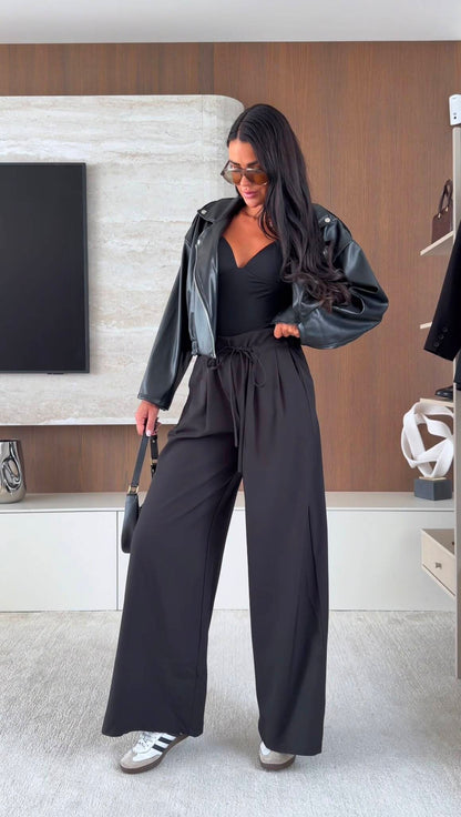 High-Waisted Tie-Waist Wide Leg Pants