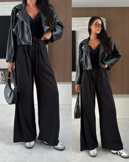 High-Waisted Tie-Waist Wide Leg Pants