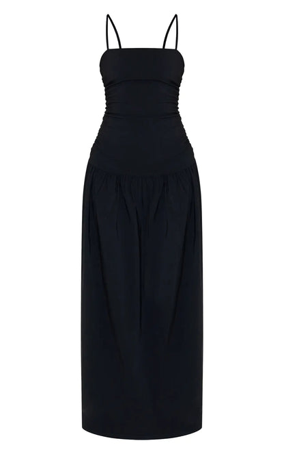 Black stretch strappy ruched maxi dress