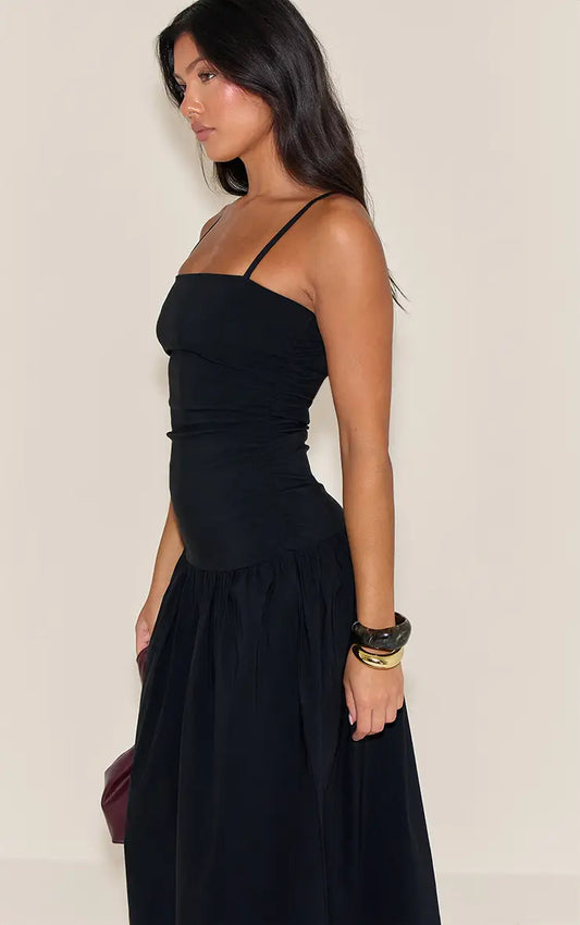 Black stretch strappy ruched maxi dress
